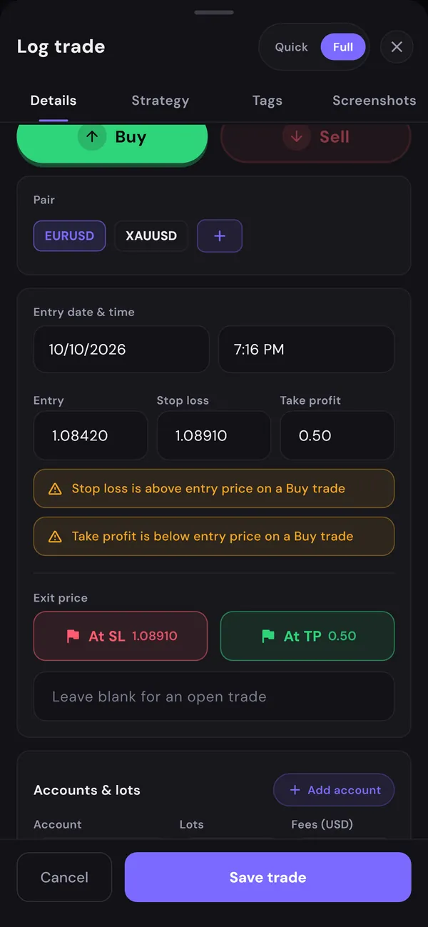 PipDiary trade entry form: buy or sell, pair, entry and exit date, prices, account, lots and fees.