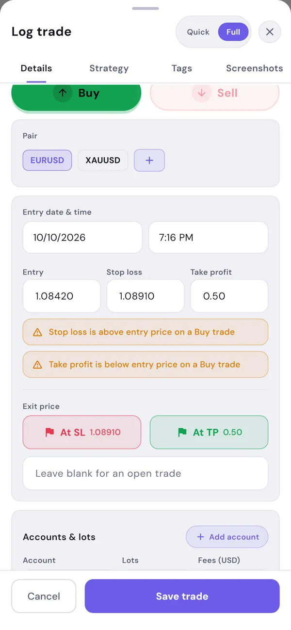 PipDiary trade entry form: buy or sell, pair, entry and exit date, prices, account, lots and fees.